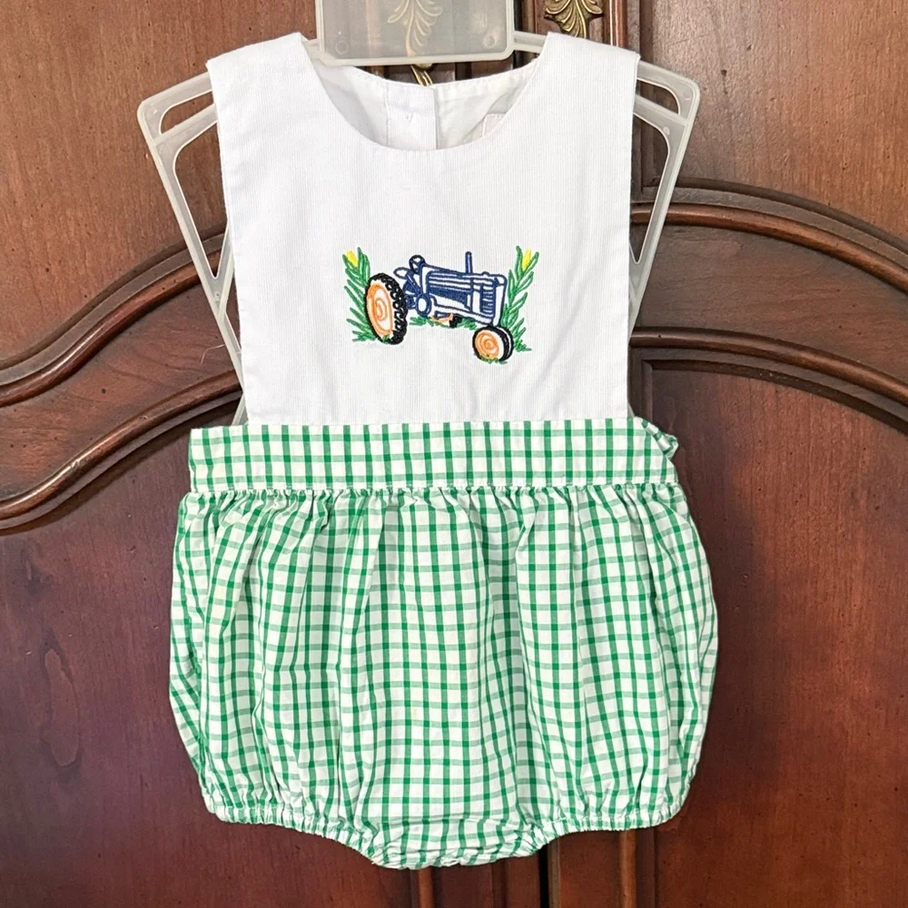 The Smocking Place Tractor Bubble Romper 6M Green Gingham Boys 100% Cotton